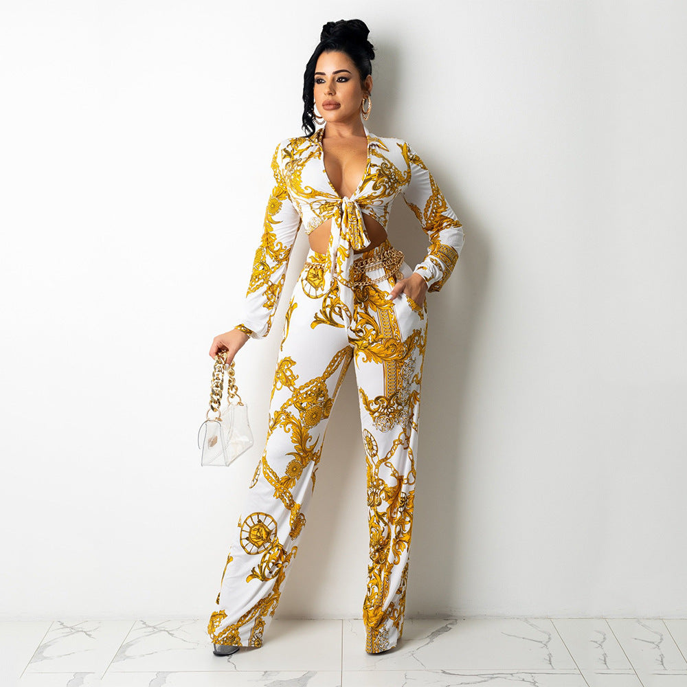 CM.YAYA Women's Paisley Chain 2 Piece Set Streetwear Outfits Tie up Shirt & Wide Leg Pants Luxury Junior Fit Autumn/Winter