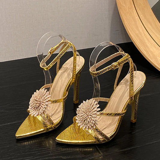 Sexy Snake Print Leather Ankle Strap Sandals for Women Summer Fashion Crystal Flower Pointed Toe High Heels Perfect for Parties