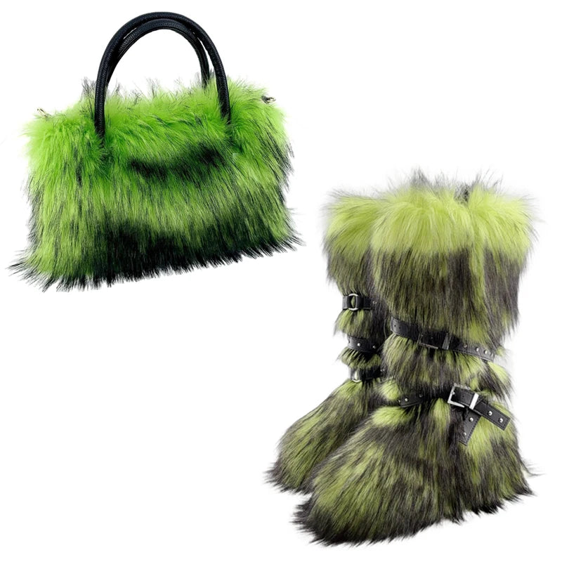 Women's Luxury Velvet Warm Fur Snow Boots Mid-Calf Imitation Raccoon Hair Handbag Two-Piece Set Fashionable Faux Fur Booties