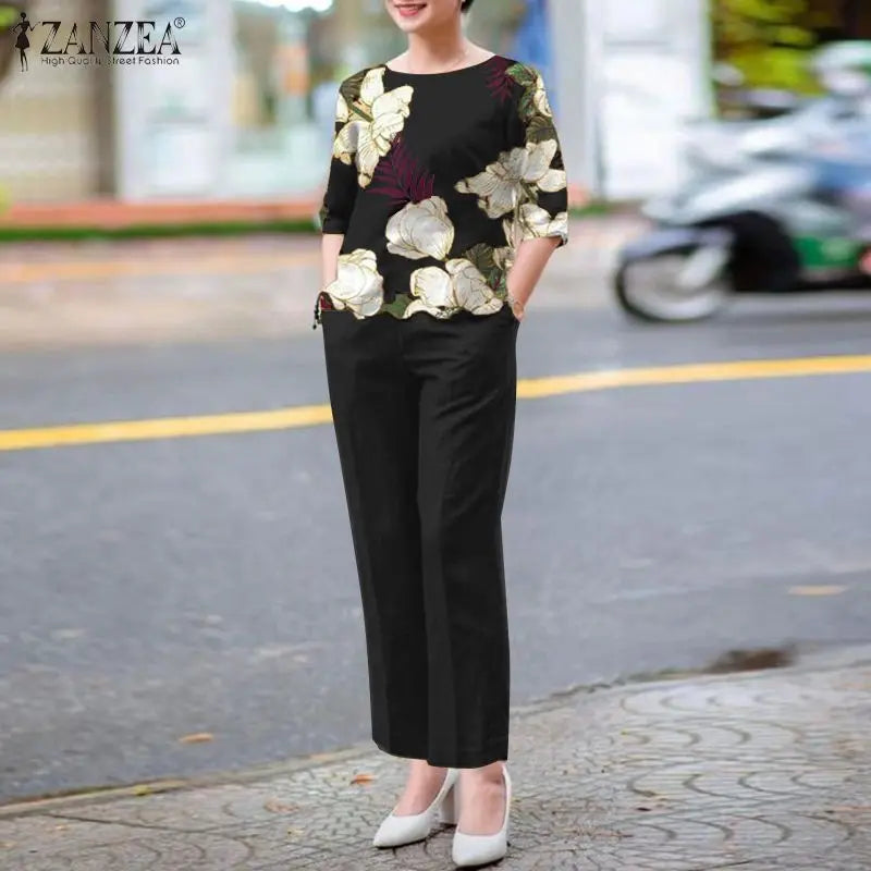ZANZEA 2PCS Fashion Short Sleeve Floral Blouse Pant Sets Women Office Work Suit Summer Tracksuits Elegant Matching Sets Oversize