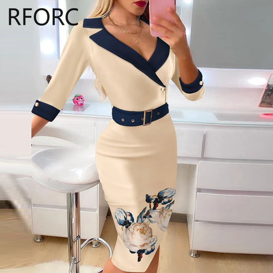 Women Floral Print with Belts Notched Collar Half Long Sleeves Midi Bodycon Formal Party Dress