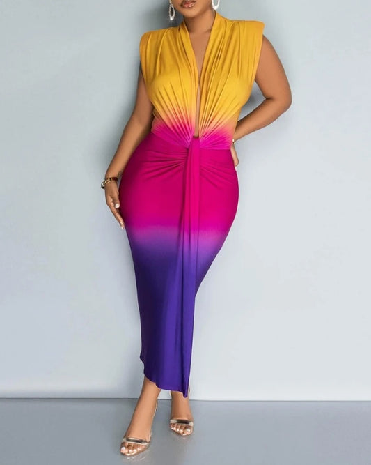 Sexy Elegant Dresses for Women Ombre Colorblock Ruched Midi Dress New Fashion Summer Casual Female Clothing Outfits