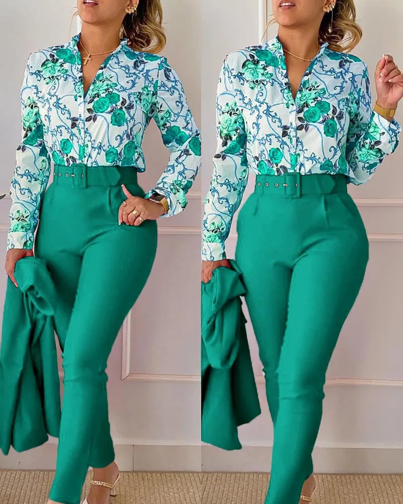 Elegant shirt and pants two piece sets women spring/ autumn fashion long sleeve shirts high waist pant casual suits