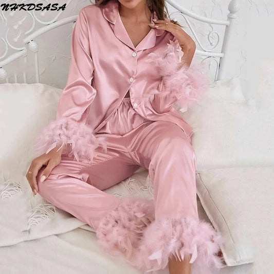 Feathers Sleepwear Female 2 Piece Set Long Sleeve Turn Down Collar Tops Satin Casual Women Sets With Pants