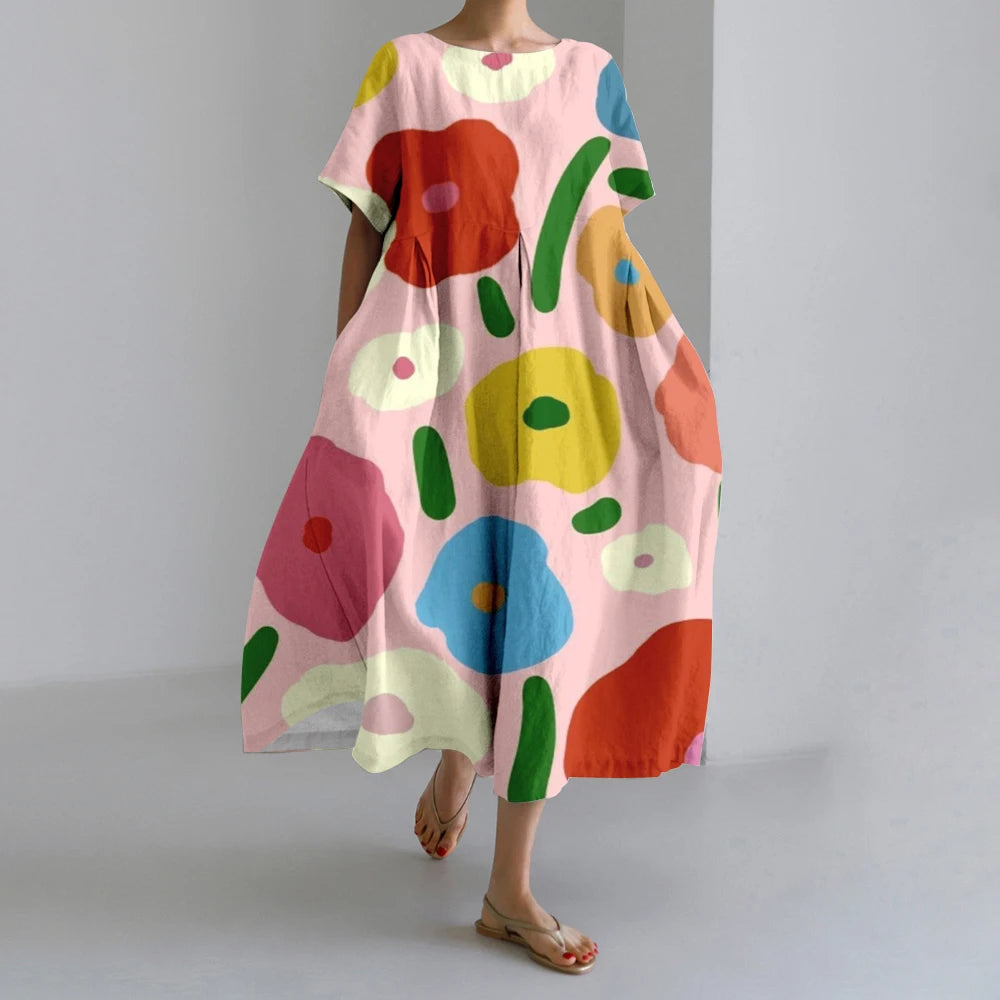 New Summer Womens Dresses Exquisite Elegant Round Neck Short Sleeve Long Pink Spotted Irregular Printed Comfortable Midi Dresses