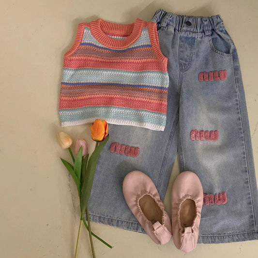 Childrens Sets Girls Knitting Vest Spring New Colour Stripe Sleeveless Versatile Tide Jeans 2024 Elastic Waist Simple