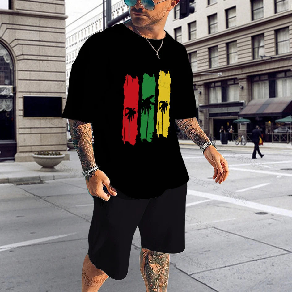 Reggae Music T-Shirt Shorts Set Men's Tracksuit Summer Casual Oversized Streetwear 2 Piece Set