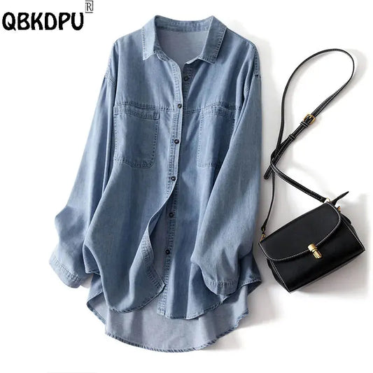 Oversize 85kg Loose Basic Jean Shirts Women Polo Collar Classical Denim Blouses 2024 Spring Fall Pocket Wash Blue Casual Blusas