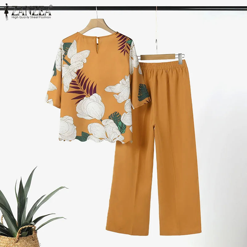 ZANZEA 2PCS Fashion Short Sleeve Floral Blouse Pant Sets Women Office Work Suit Summer Tracksuits Elegant Matching Sets Oversize