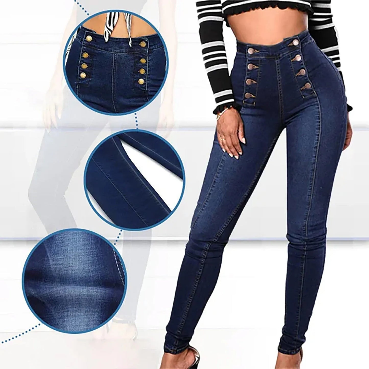 High Waist Casual Baggy Jeans Trouser Trendy Double Breasted Multi Button Slim Fit Elastic High Waist Skinny Women'S Demin Pants