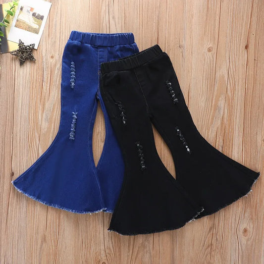 New Spring Autumn Girls Casual Jeans Bell Bottom Trousers Kids Vintage Ripped Solid Stretch Denim Flare Pants Children Clothing