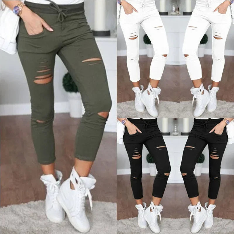 Women's plus Size Ripped Stretch Jeans Pencil Pants Casual Mid-Waist Ankle-Length Trousers