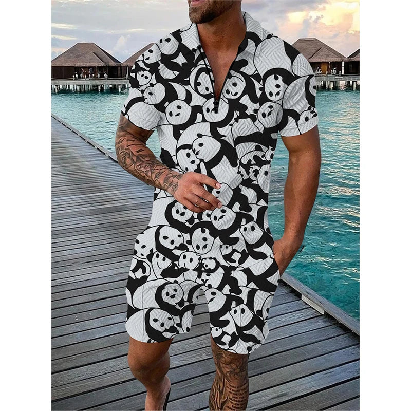 Man in matching black and white panda print short set on boardwalk near tropical bungalows