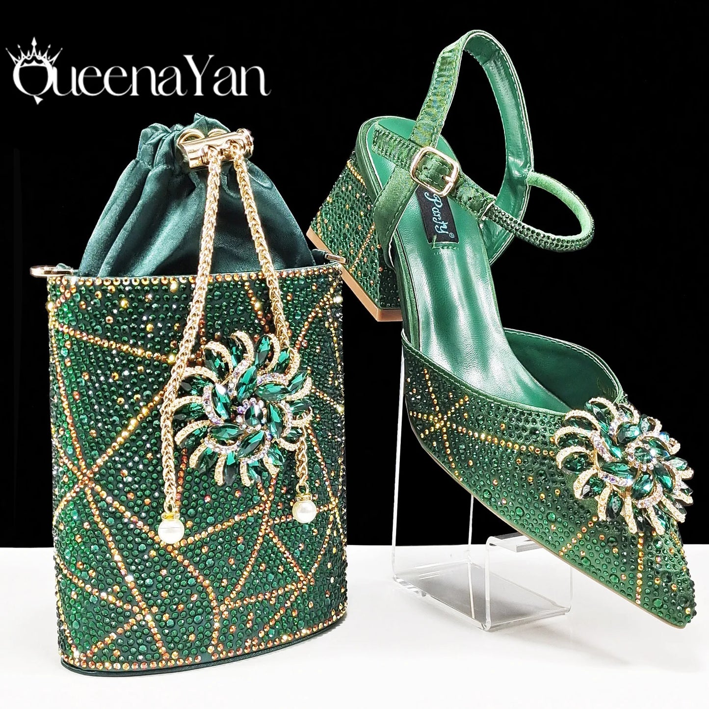 QueenaYan African Ladies Elegant Pointed Toe Shoes with shiny Metal Stand Bag Women Party Shoes or Commuting Shoes and Bag Set
