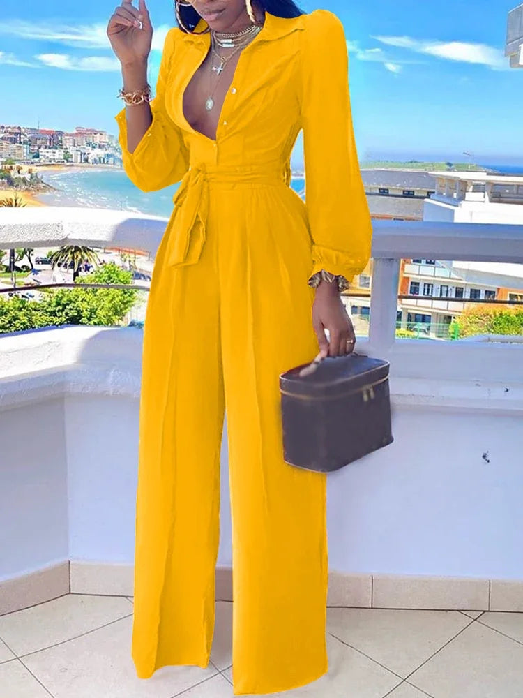 New Fashion Casual Jumpsuit for Women Spring Summer Solid Color Lace Up Shirt Collar Two-Piece Suit Jumpsuits Office