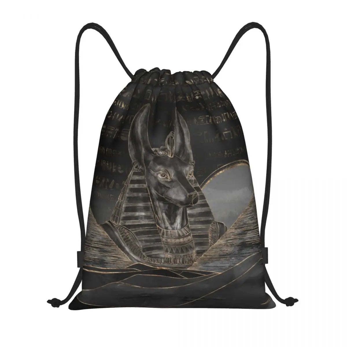 Black drawstring bag with Anubis Egyptian god design, hieroglyphs, and pyramid art