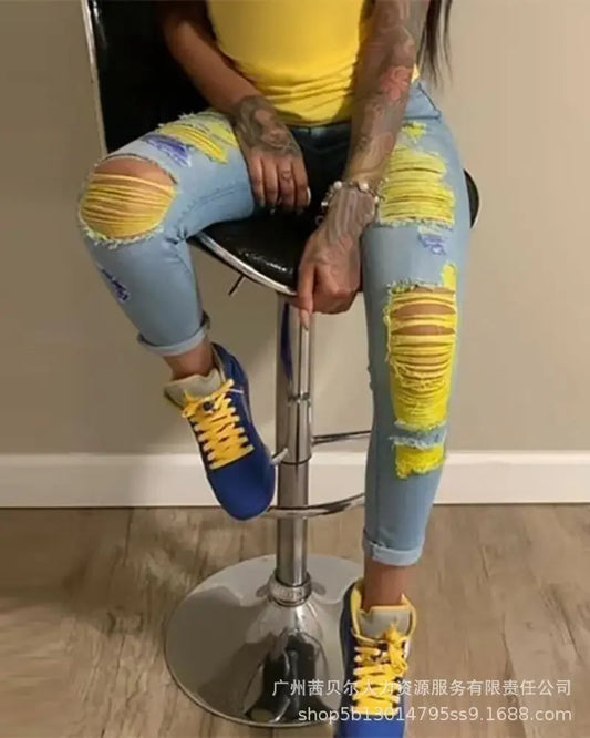 Women's Denim Pant New Street Trendy Feet Pants Light Perforated  Women Jeans