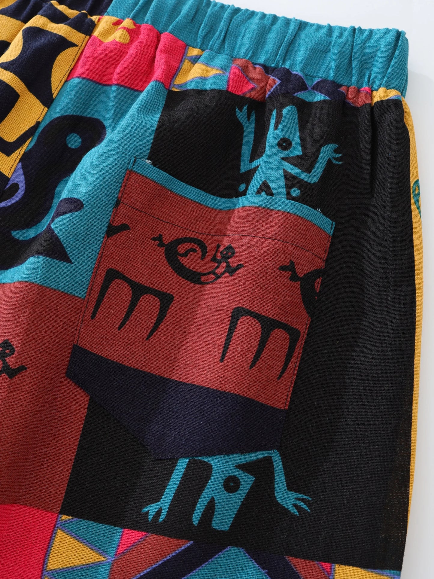 Mens Boho Tribal Print Stretch Linen Pants With Cotton Blend Drawstring LightWeight with Pockets Summer Jogger Pants