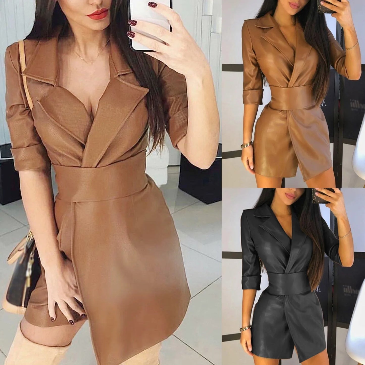Cool Leather Coat Dress for Women Long Sleeve V Winter Jacket Pu Sexy Bodycon Leather Mini Dress Elegant Waist in Dresses