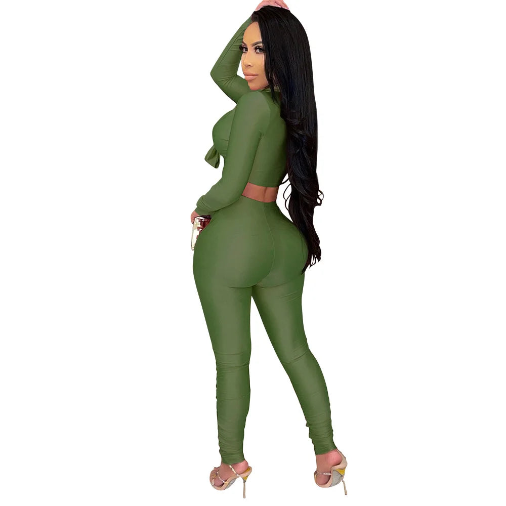 Women's Fashion Casual Slim Fit Two-Piece Set Open Shirt Butterfly Knot Long Sleeve Top with Long Pants Eye-Catching Streetwear