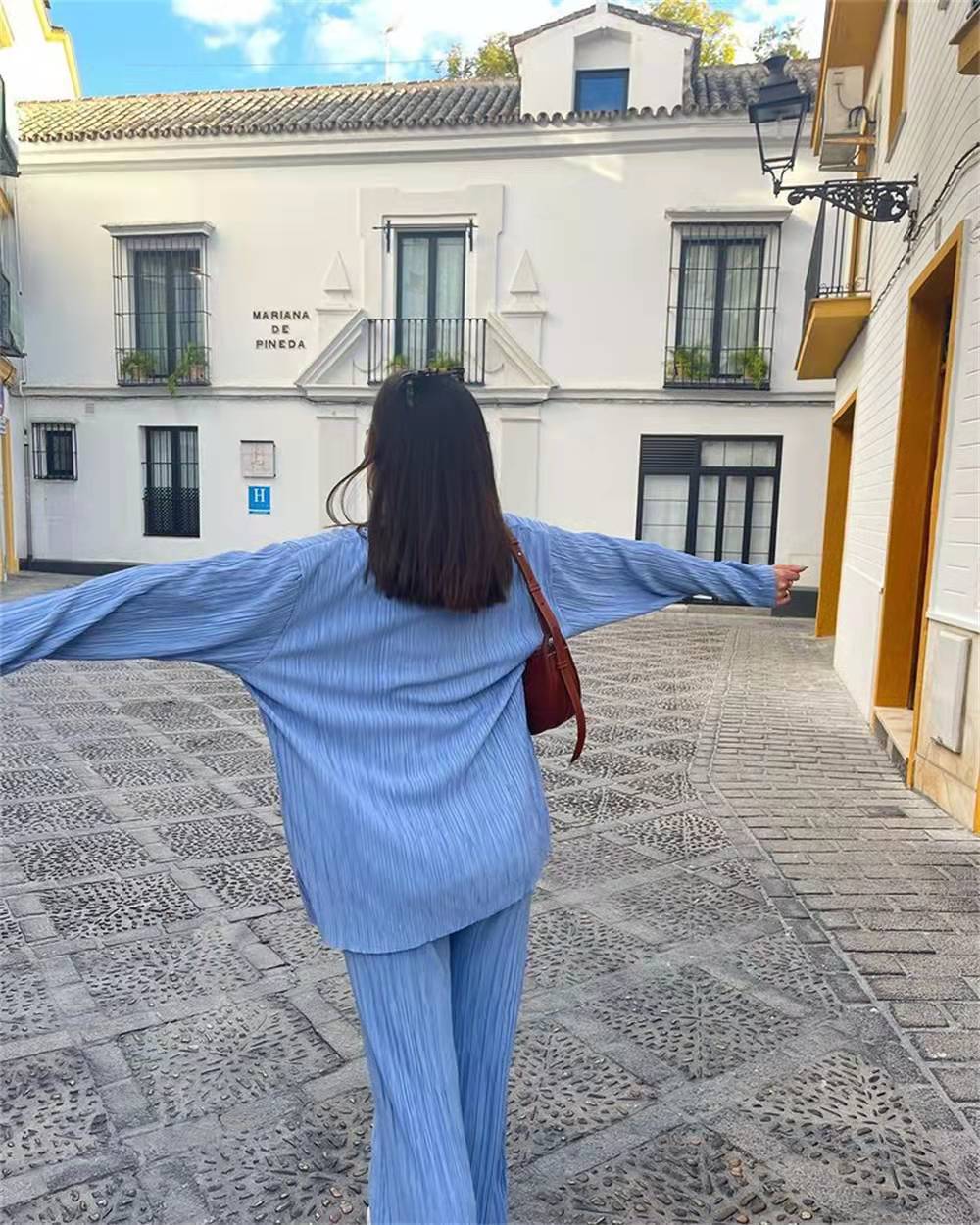 Women Pleated 2 Piece Pants Sets Spring Summer Streetwear Long Sleeve Button Down Shirt+Straight-Leg Pants Loose Outfits