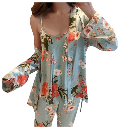 Women's Homewear Nightdress Three Piece Suit Lace Pajamas Set Floral Print Sexy Night Suits Homewear Satin Pijamas Set For Women