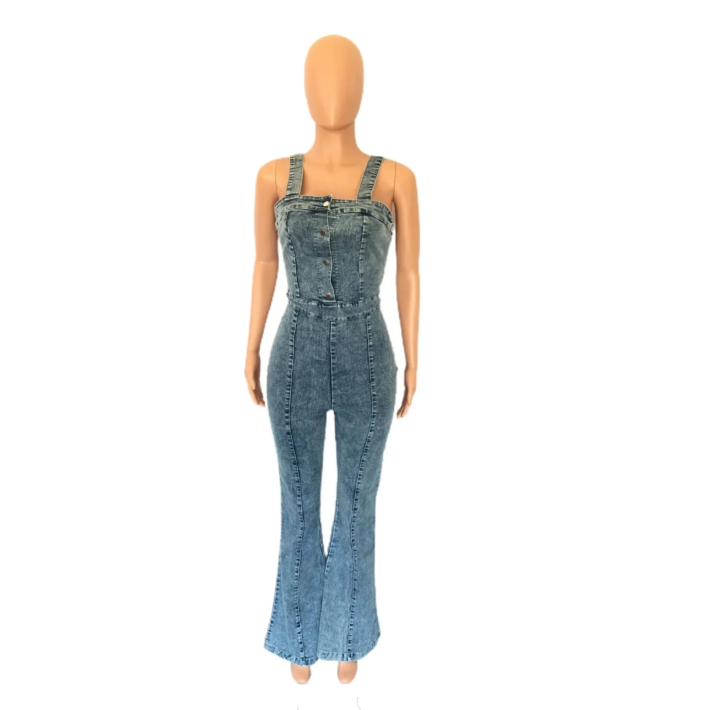 Women Sexy One Piece Sleeveless Tight High Waist Suspenders Overalls Slim Denim Jumpsuits Flared Long Pants Rompers