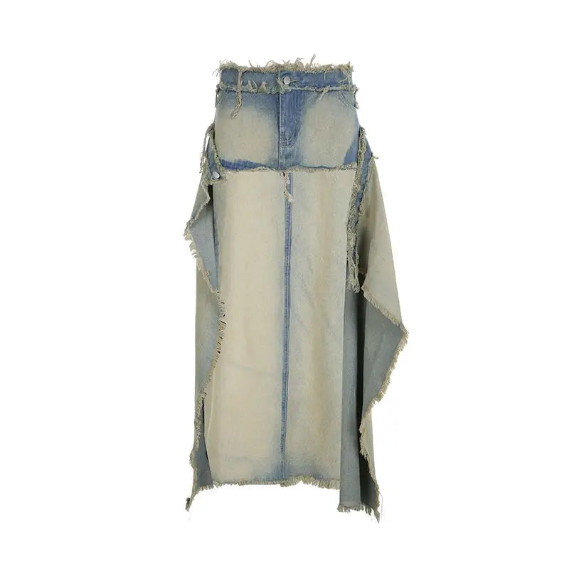 New Irregular Design Spicy Girl Denim Skirt for Women Washed and Distressed Light Blue Fake Two Piece Patchwork Fur Button Skirt