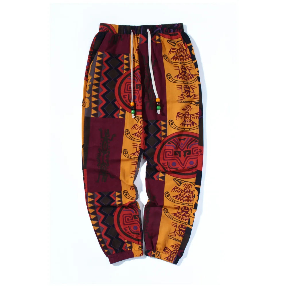 Mens Boho Tribal Print Stretch Linen Pants With Cotton Blend Drawstring LightWeight with Pockets Summer Jogger Pants