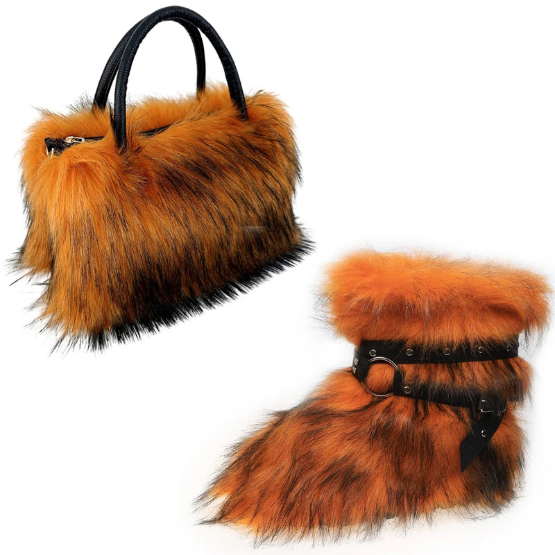 Women's Luxury Velvet Warm Fur Snow Boots Mid-Calf Imitation Raccoon Hair Handbag Two-Piece Set Fashionable Faux Fur Booties