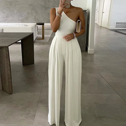 Summer Women Fashion Sexy One Shoulder Club Romper Bodysuit Elegant Wide Leg Jumpsuit Office Lady Casual Ovealls