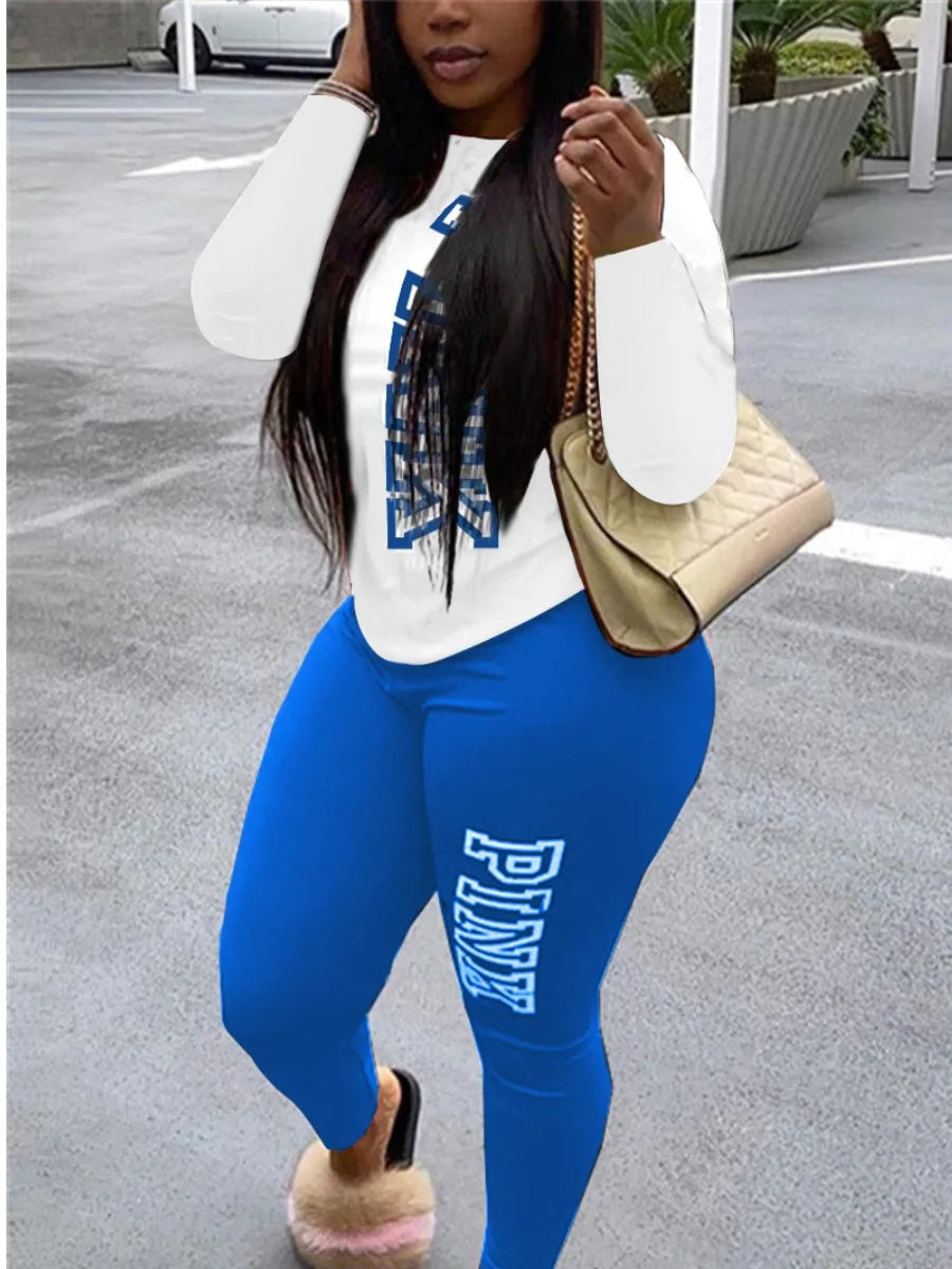 LW Fashion Women Autumn&Winter Pink Letter Print Long Sleeve Hoodies 2 Pieces Casual Track Suits Pants Set