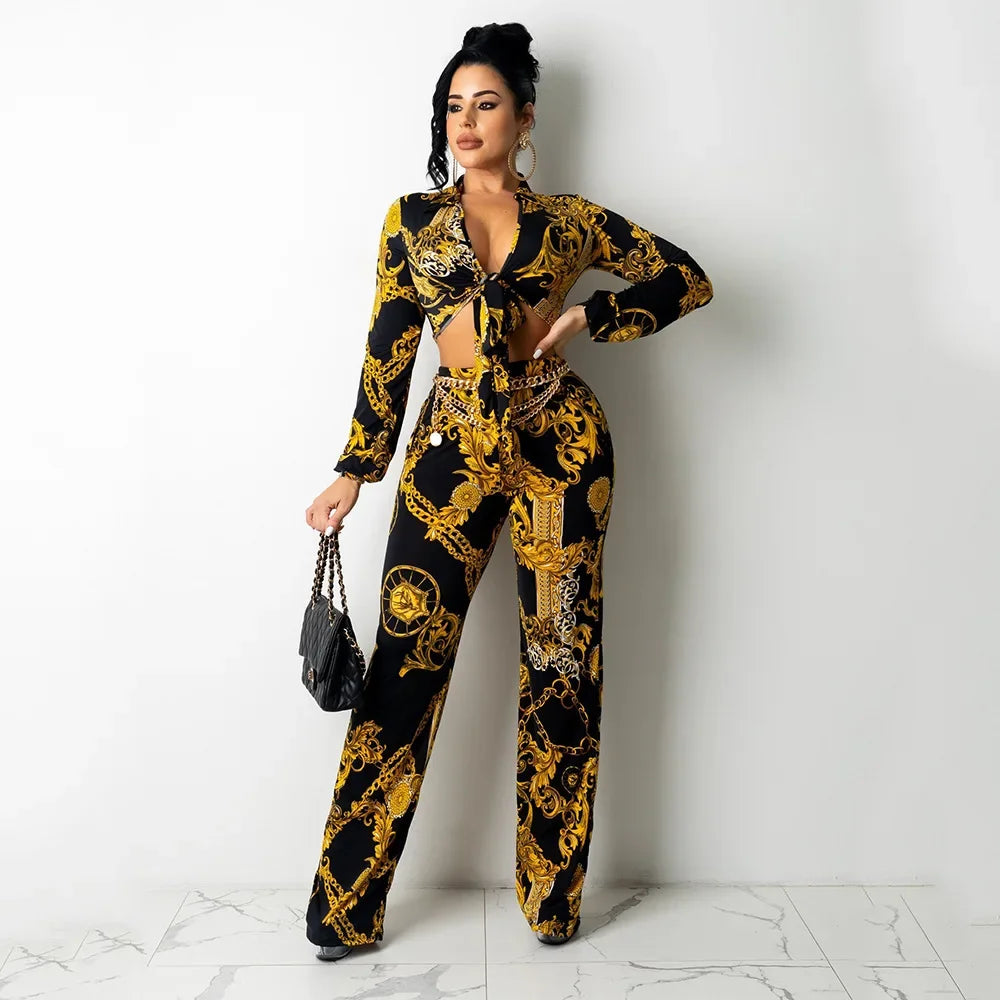 CM.YAYA Women's Paisley Chain 2 Piece Set Streetwear Outfits Tie up Shirt & Wide Leg Pants Luxury Junior Fit Autumn/Winter