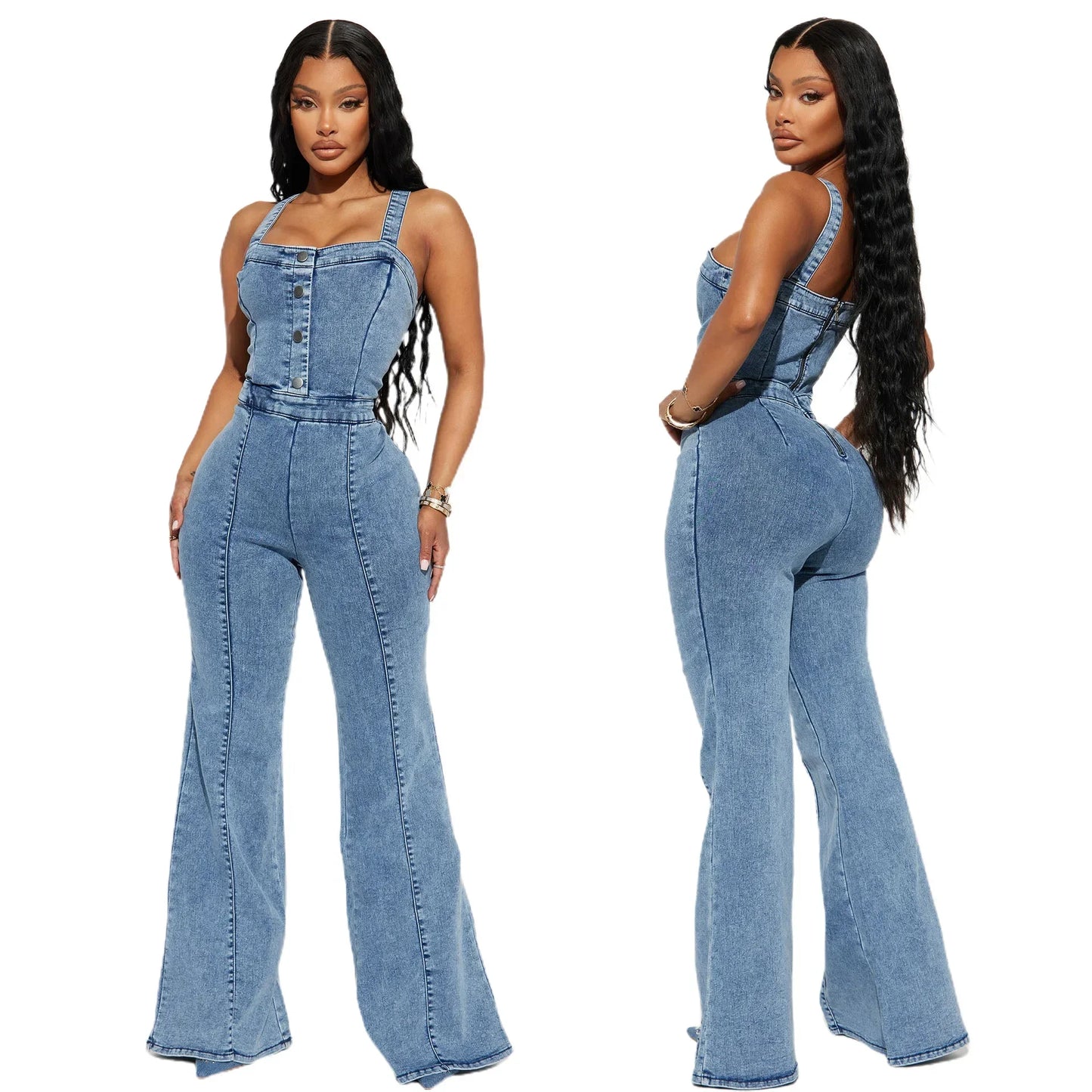 Women Sexy One Piece Sleeveless Tight High Waist Suspenders Overalls Slim Denim Jumpsuits Flared Long Pants Rompers