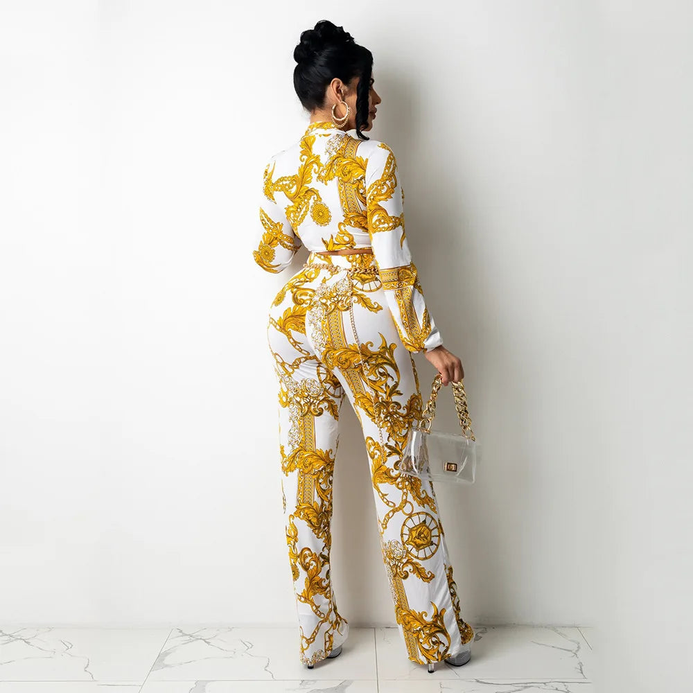 CM.YAYA Women's Paisley Chain 2 Piece Set Streetwear Outfits Tie up Shirt & Wide Leg Pants Luxury Junior Fit Autumn/Winter