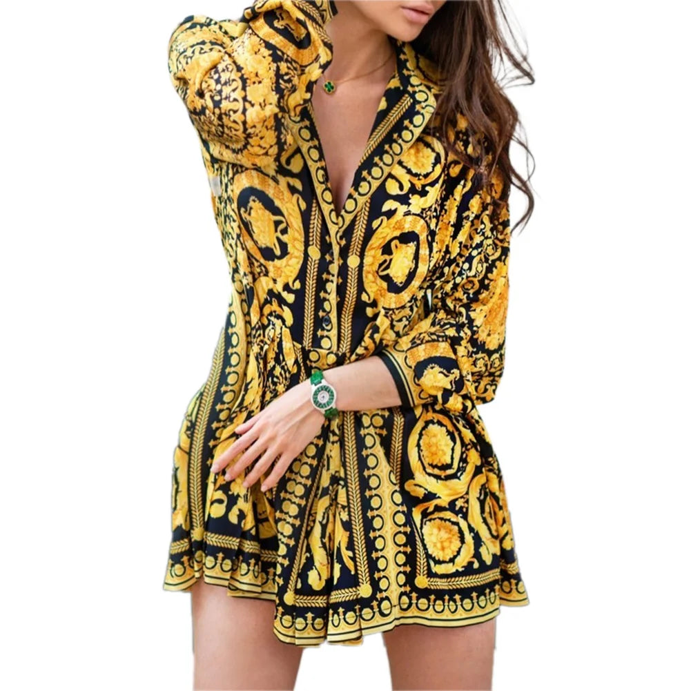 Women Autumn Clothes Floral Vintage Lapel Long-Sleeves Form-Fitting Skirt with Button Open for Ladies