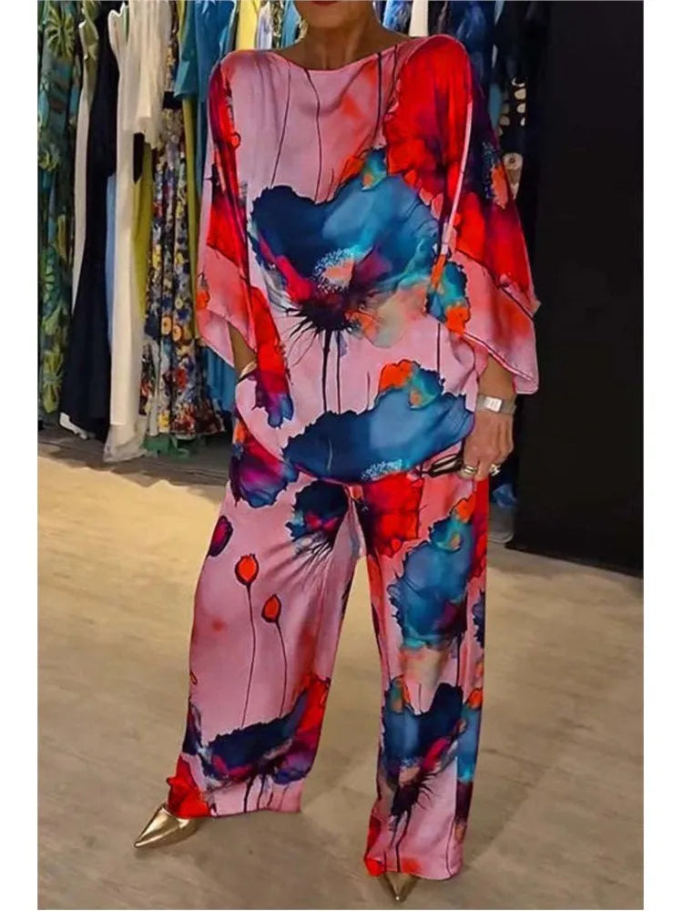 Sexy Summer Fashion Printed Satin Two Piece Set for Women with 3/4 Sleeved Top and Wide Leg Long Pants Casual Style