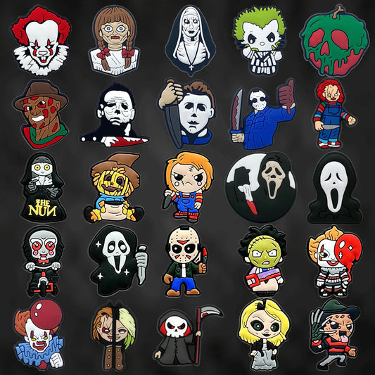 1pcs PVC Horror Movie Shoe Charms for Women Cute Funny Clown Shoe Decoration Accessories Death Skull Clog Pin for Kids Gift