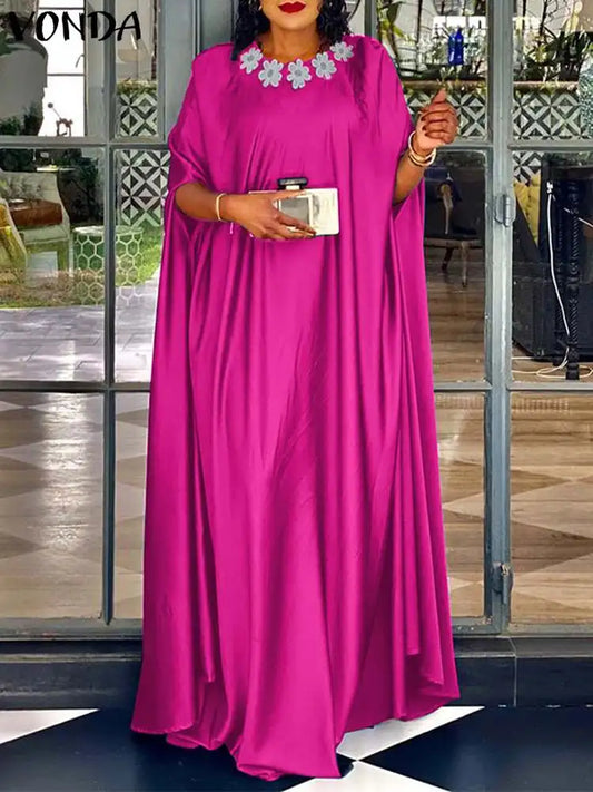VONDA 2024 Elegant Women Satin Long Dress Autumn Maxi Sundress Elegant O-Neck 3/4 Bat Sleeve Casual Vestido Party Robe Oversize