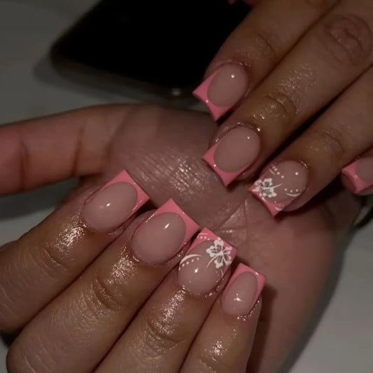 24Pcs Pink French Style Press on Nails with White Flower Print Short Square Head False Nails Simple Wearable Artificial Nails Art