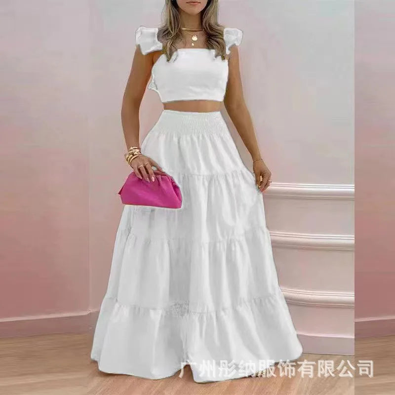 New Sexy Solid Two Suit Dress Women's Fashion Casual Loose Top Maxi Dress 2 Piece Set Female Elegant Holiday Sets 2024 Summer