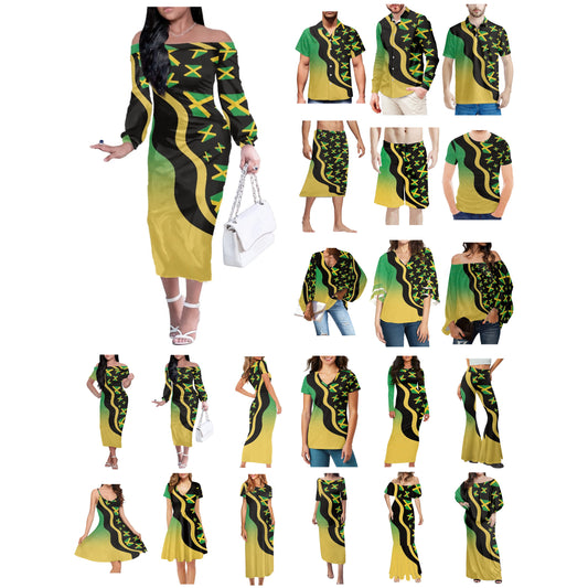 Off-The-Shoulder Long Skirt for Ladies with Big Front Jamaica Flag Print Puff Sleeves Tailor-Made Eye-Catching Design