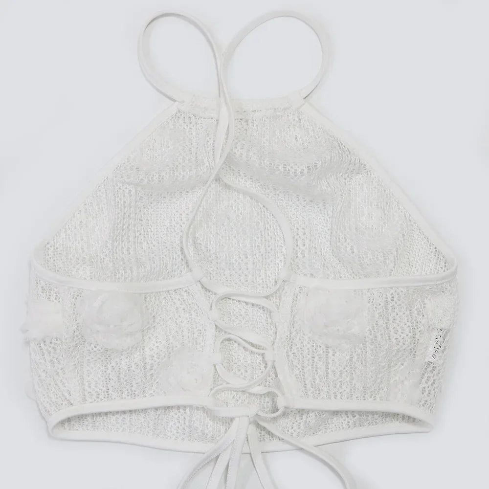 Sexy Crop Mesh Tops Two Piece Pant Set Outfits Matching Sets 2024 Women Y2K Streetwear Elegant Flower 2 Piece Summer Set