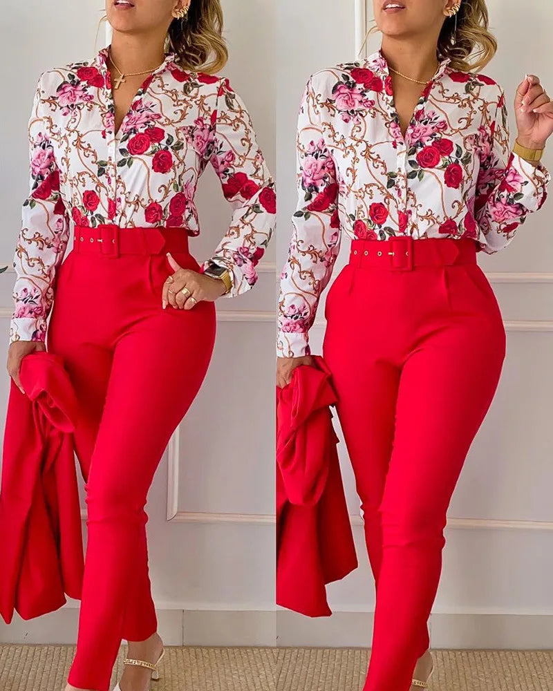 Elegant shirt and pants two piece sets women spring/ autumn fashion long sleeve shirts high waist pant casual suits