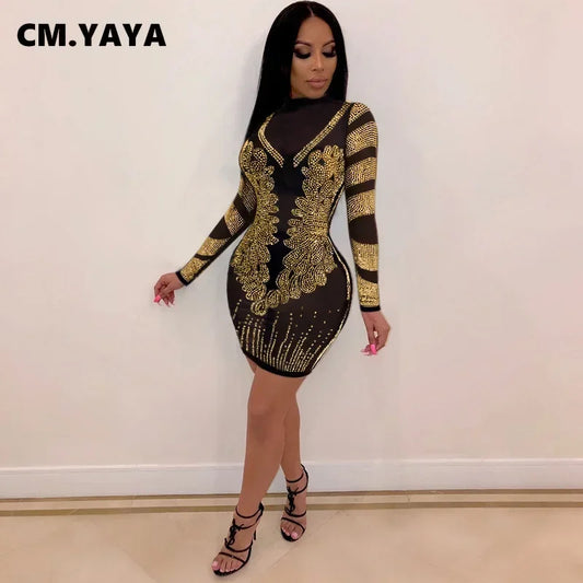 CM.YAYA Hot Rhinestones Patchwork Mesh Midi Bodycon Dress  Women Sexy Club Party Nightwear Long Sleeve Mini Dresses