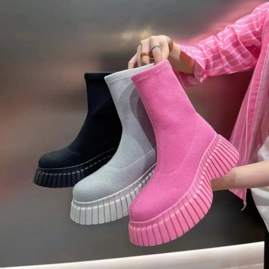 New Women's Slim Fit Breathable Slip-On Ankle Boots Thick Sole Comfortable Heightened Sneakers Fashion Cowboy Footwear