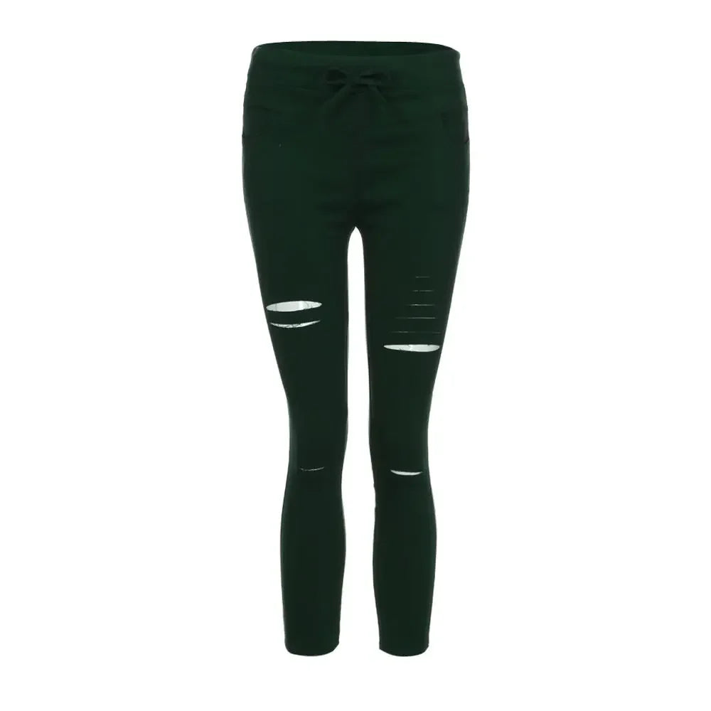 Women's plus Size Ripped Stretch Jeans Pencil Pants Casual Mid-Waist Ankle-Length Trousers