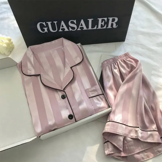 Womens Silk Satin Pajamas Set 2024 Short Sleeve Two-piece Pajama Sets Striped Sleepwear Female Loungewear Button-Down pyjamas