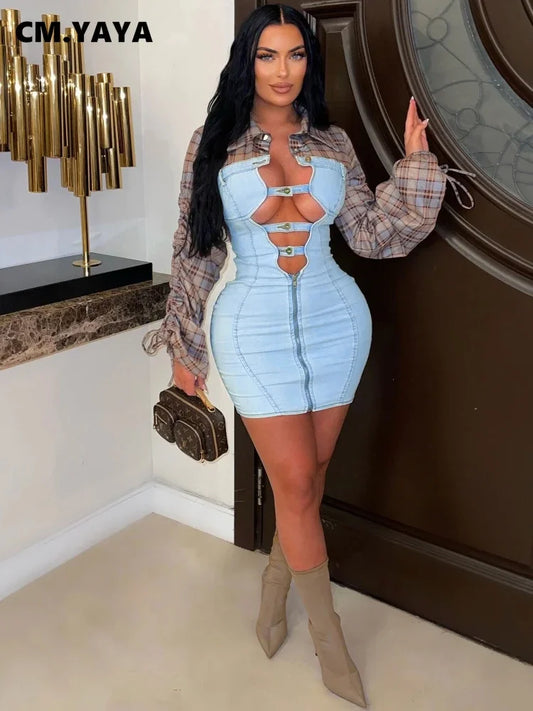 CM.YAYA Fashion Women Plaid Denim Patchwork Long Sleeve Shirt Dress Fall Sexy Party Hollow Out Autumn Winter Street Mini Dresses