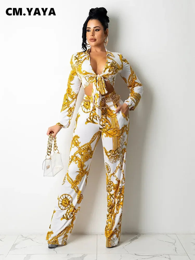 CM.YAYA Women's Paisley Chain 2 Piece Set Streetwear Outfits Tie up Shirt & Wide Leg Pants Luxury Junior Fit Autumn/Winter